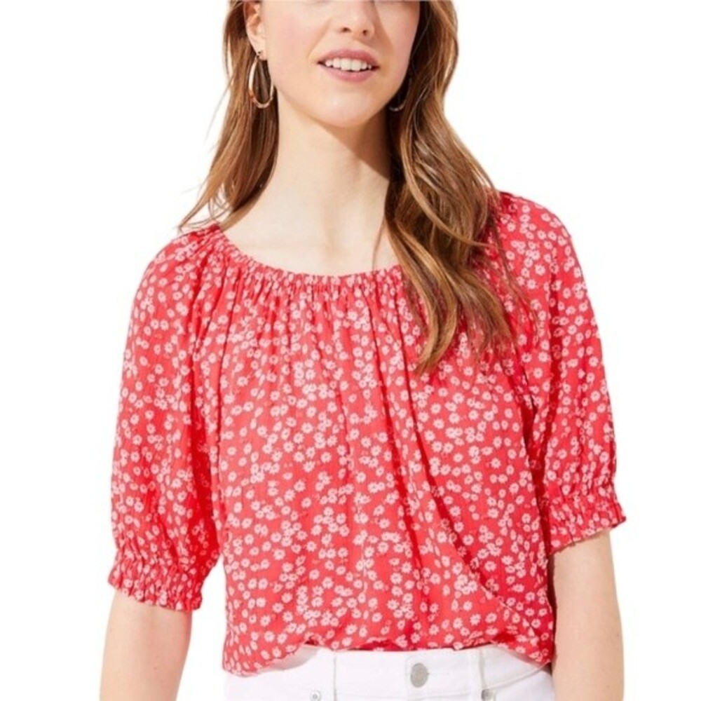 Loft Floral Daisy Print Short Puff Sleeve Peasant Blouse Top Swiss Dots Flowy